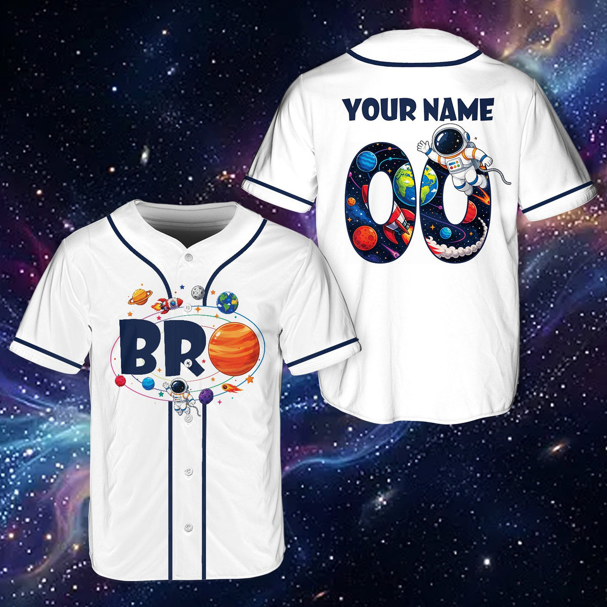 Person modeling the personalized baseball jersey with space theme outdoors