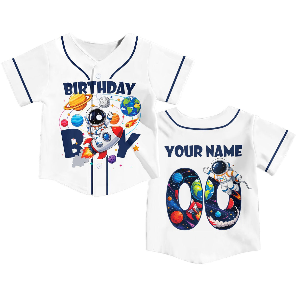 Lifestyle angle showing the navy piping on the white space baseball jersey