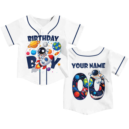 Lifestyle angle showing the navy piping on the white space baseball jersey