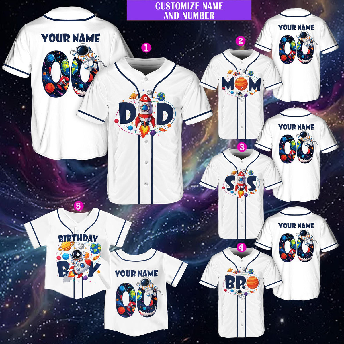 Back lifestyle view highlighting the custom name and galaxy pattern number