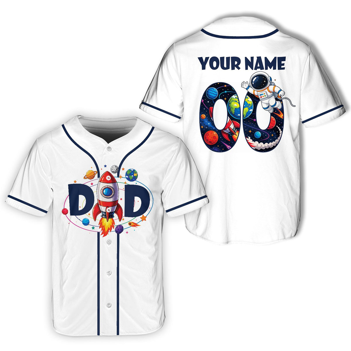 Detailed lifestyle shot of the personalized space birthday baseball jersey