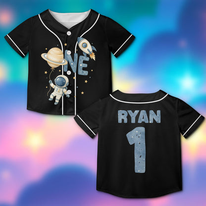Black space baseball jersey with custom name and number on the back, main view