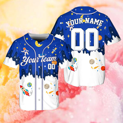 Blue variant of the space city custom baseball jersey, front view