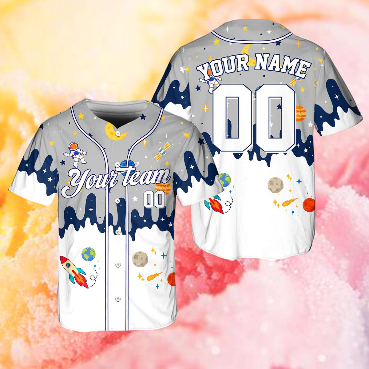 Gray variant of the personalized space baseball jersey, front view
