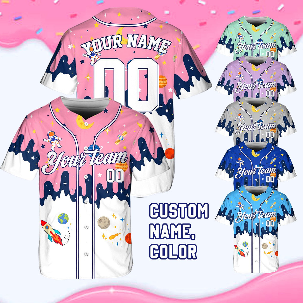 Alternate front view of the personalized pink space baseball jersey