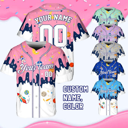 Alternate front view of the personalized pink space baseball jersey