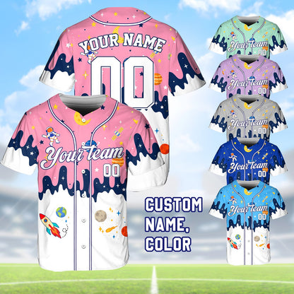 Front view of the custom name and number baseball jersey with space theme
