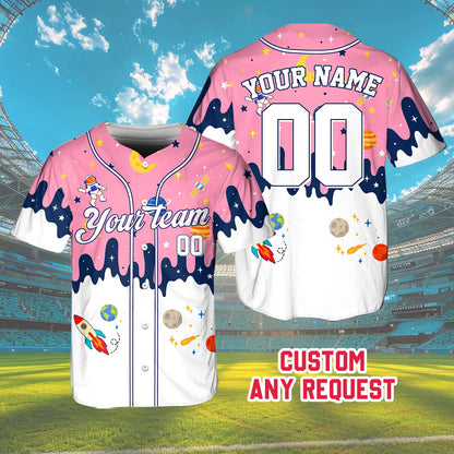 Pink space baseball jersey with astronaut graphics, front view