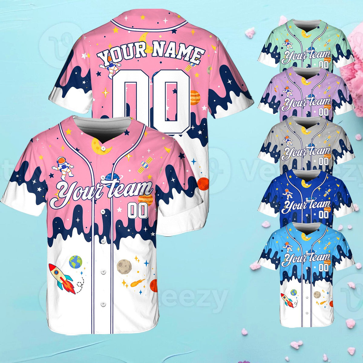 Detailed front view of the space-themed custom baseball jersey