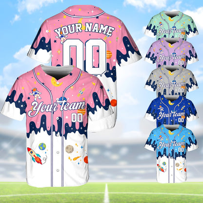 Pink variant of the space baseball jersey with custom details, front view