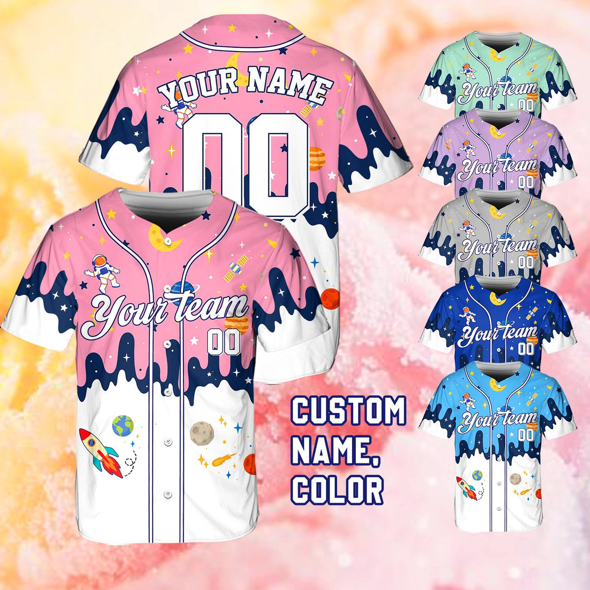 Front view of the space city baseball jersey showing astronaut and planet design