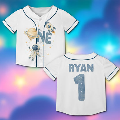White personalized baseball jersey featuring an astronaut and rocket ship graphic, front view