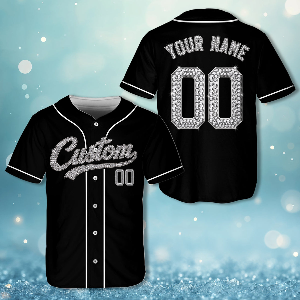 Personalized black sparkling baseball jersey in black faux rhinestone texture, front view