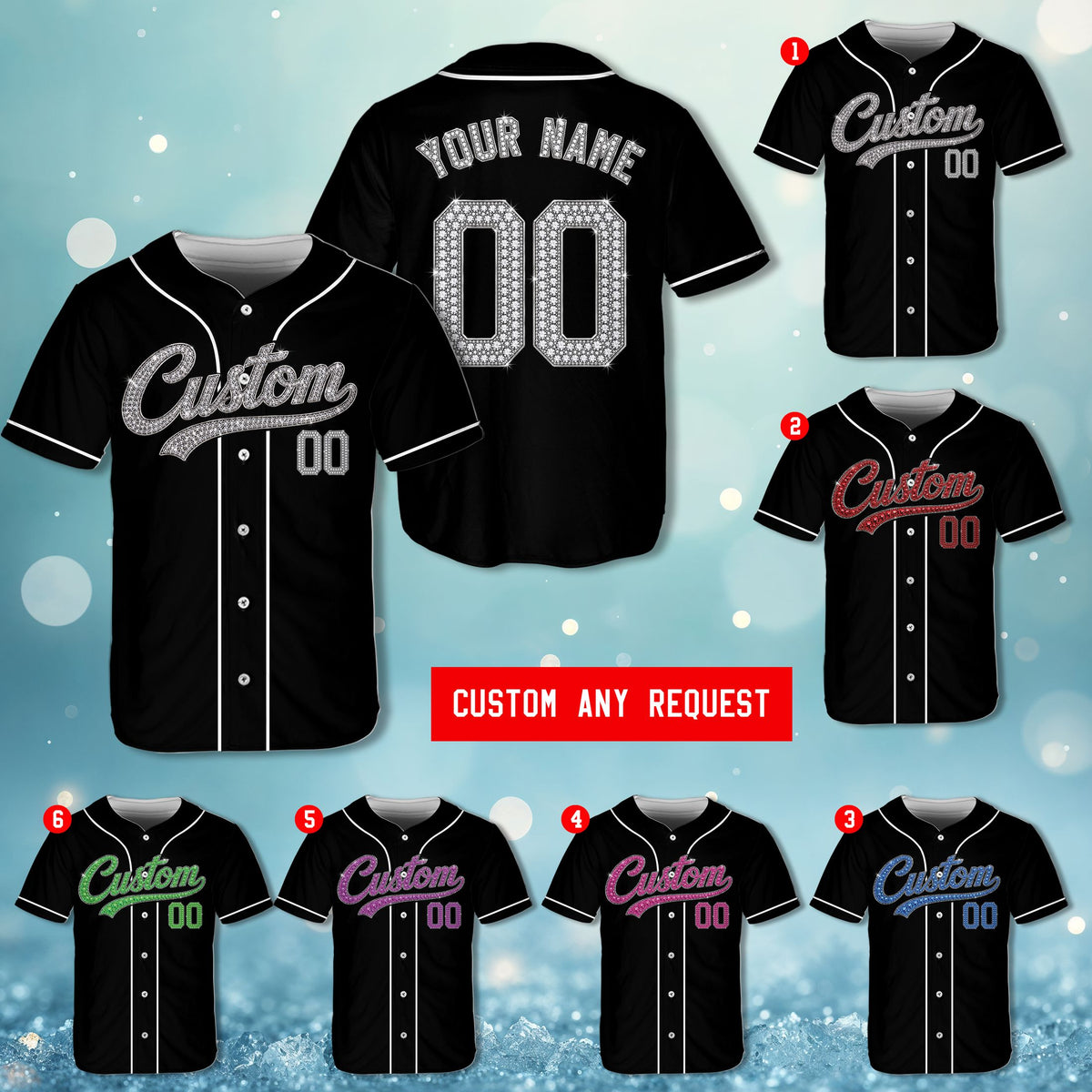 Close up view of the black sparkling baseball jersey back design
