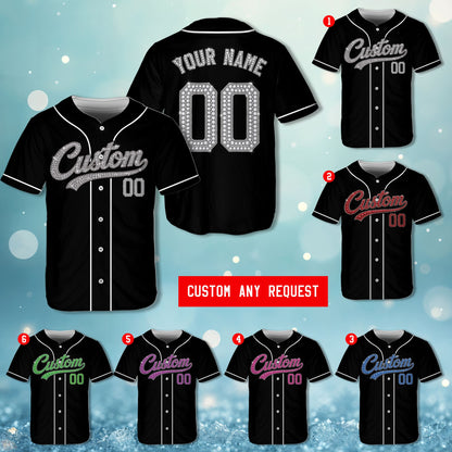 Close up view of the black sparkling baseball jersey back design