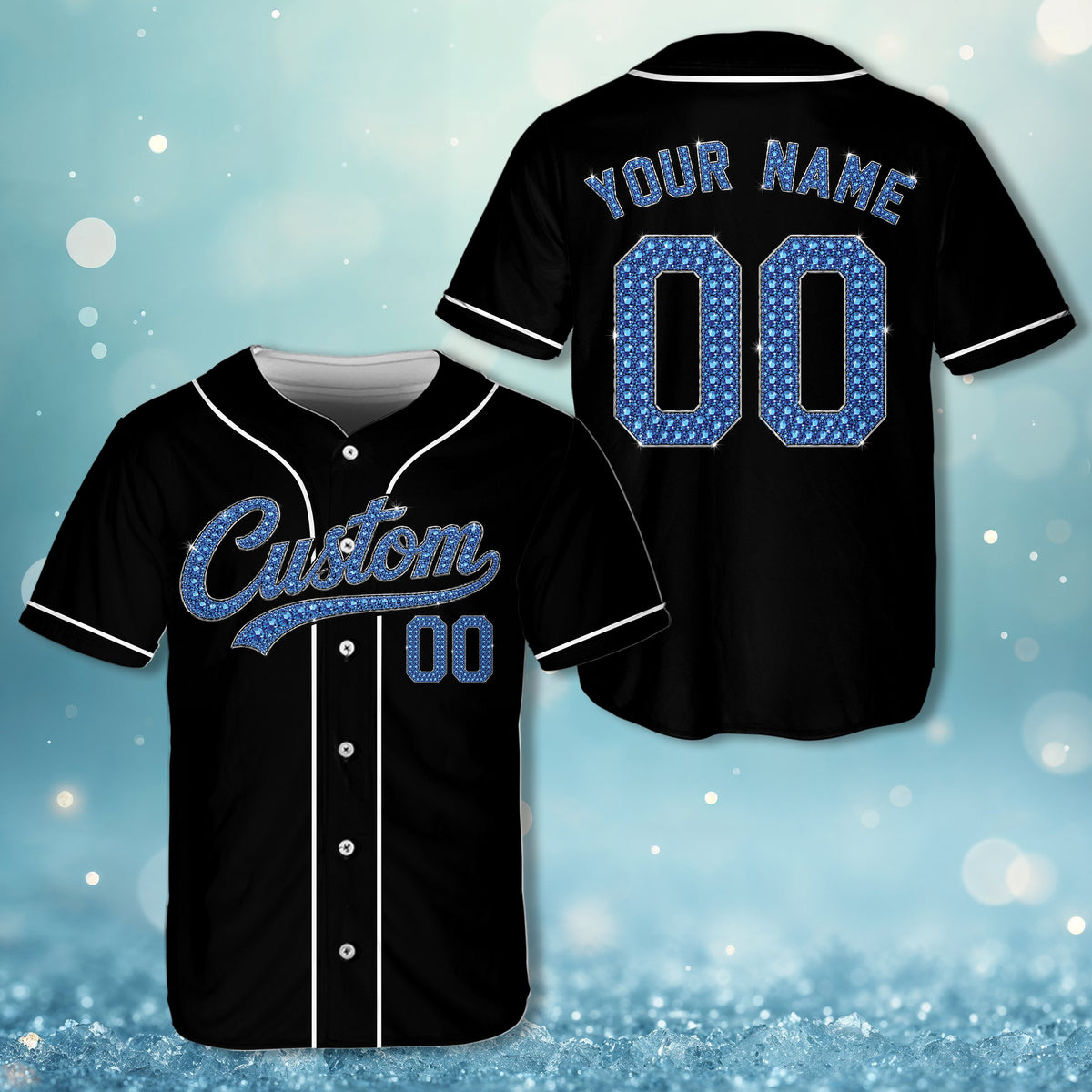 Personalized black sparkling baseball jersey in blue faux rhinestone texture, front view