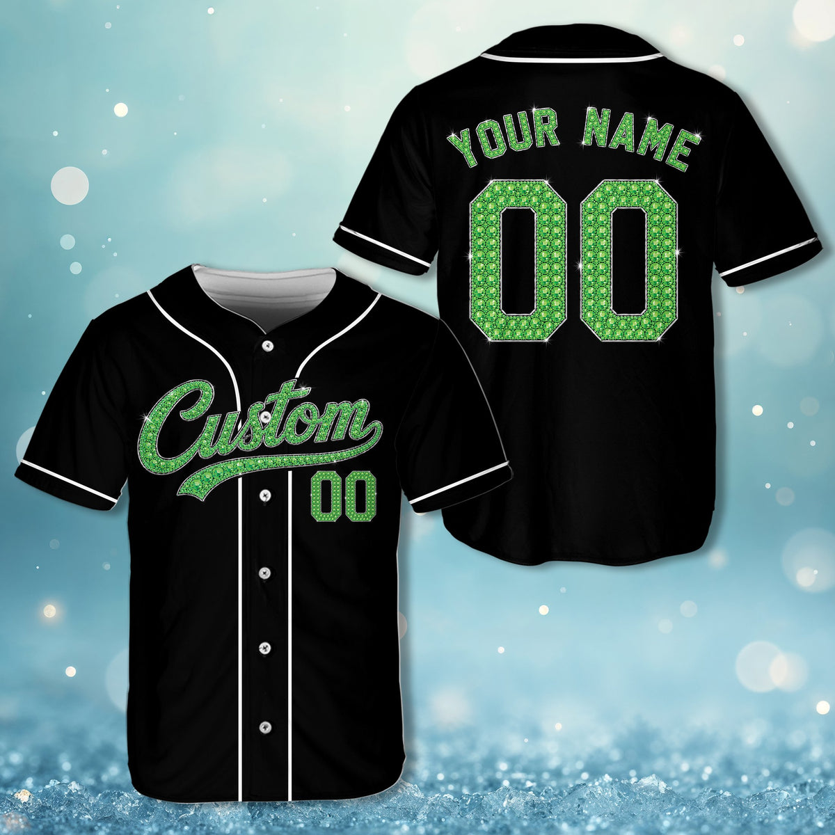 Personalized black sparkling baseball jersey in green faux rhinestone texture, front view
