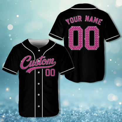 Personalized black sparkling baseball jersey in pink faux rhinestone texture, front view