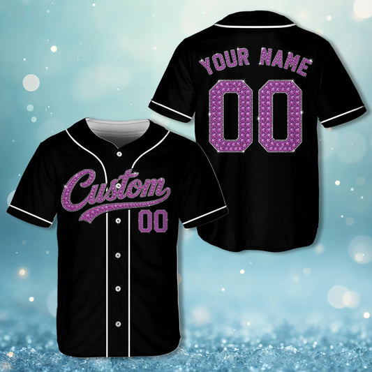 Personalized black sparkling baseball jersey with custom name and number in purple faux rhinestone texture, front view