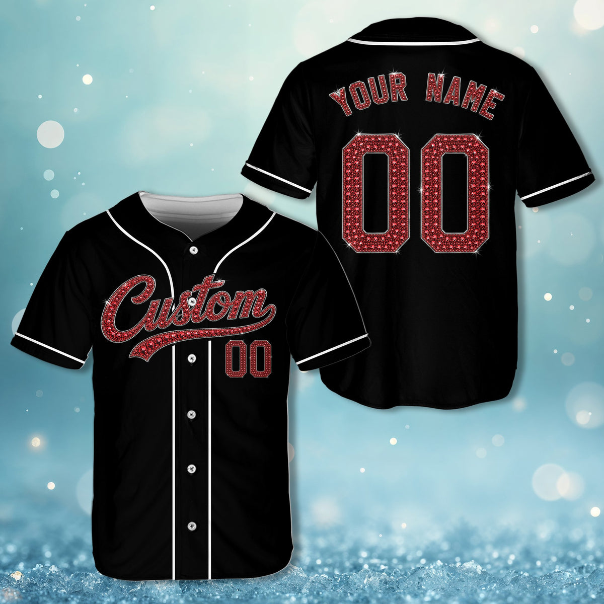 Close up view of the red faux rhinestone texture on the black sparkling baseball jersey