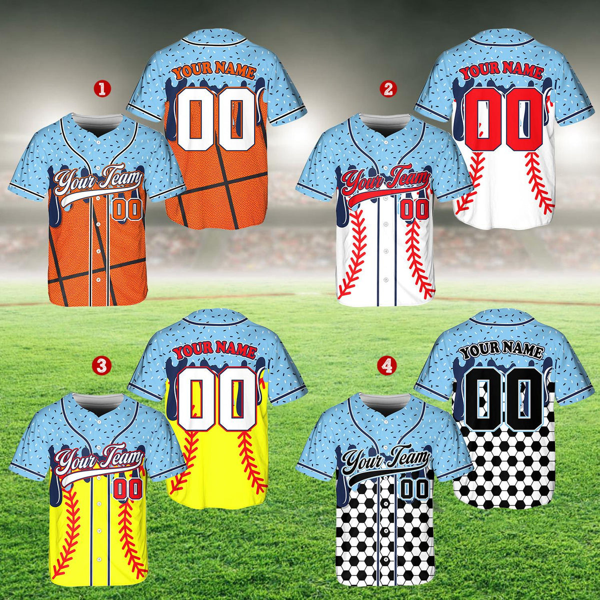 Back view of blue sports baseball jersey with custom name and number