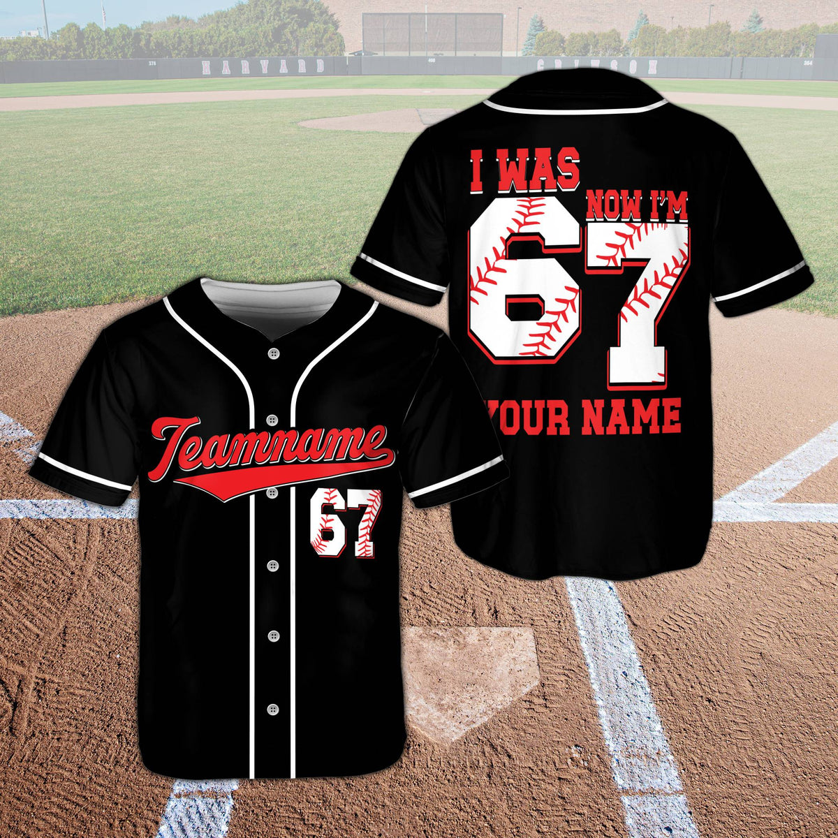 Main view of the black sports birthday baseball jersey with custom name and number