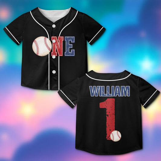 Front view of a black sports baseball jersey featuring a distressed design