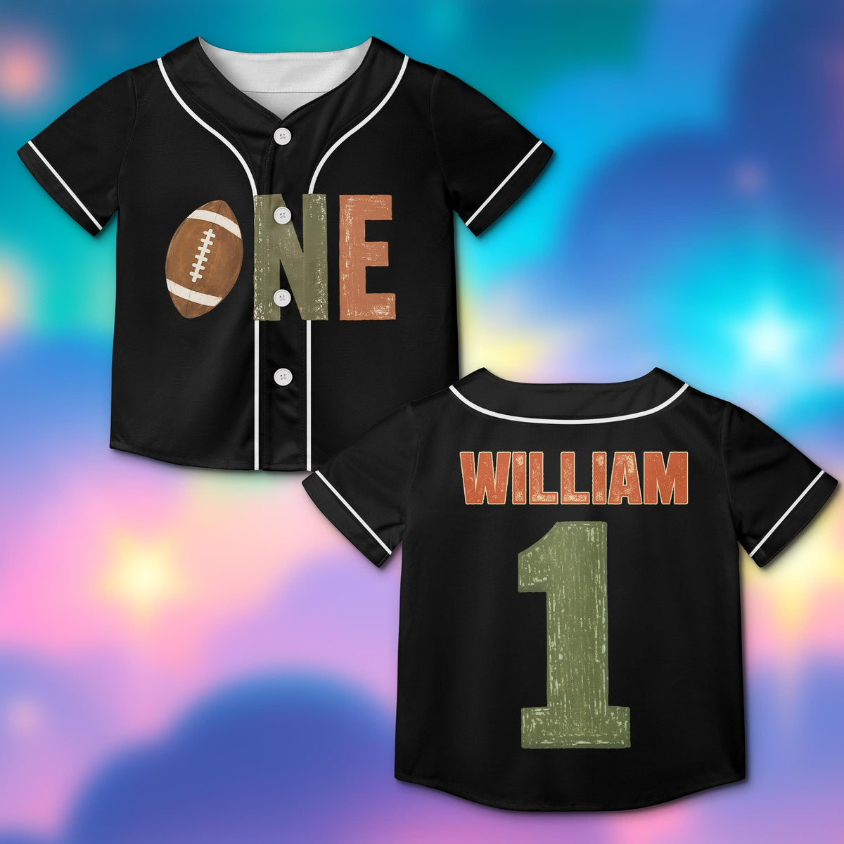 Black sports baseball jersey with custom name and number, front view