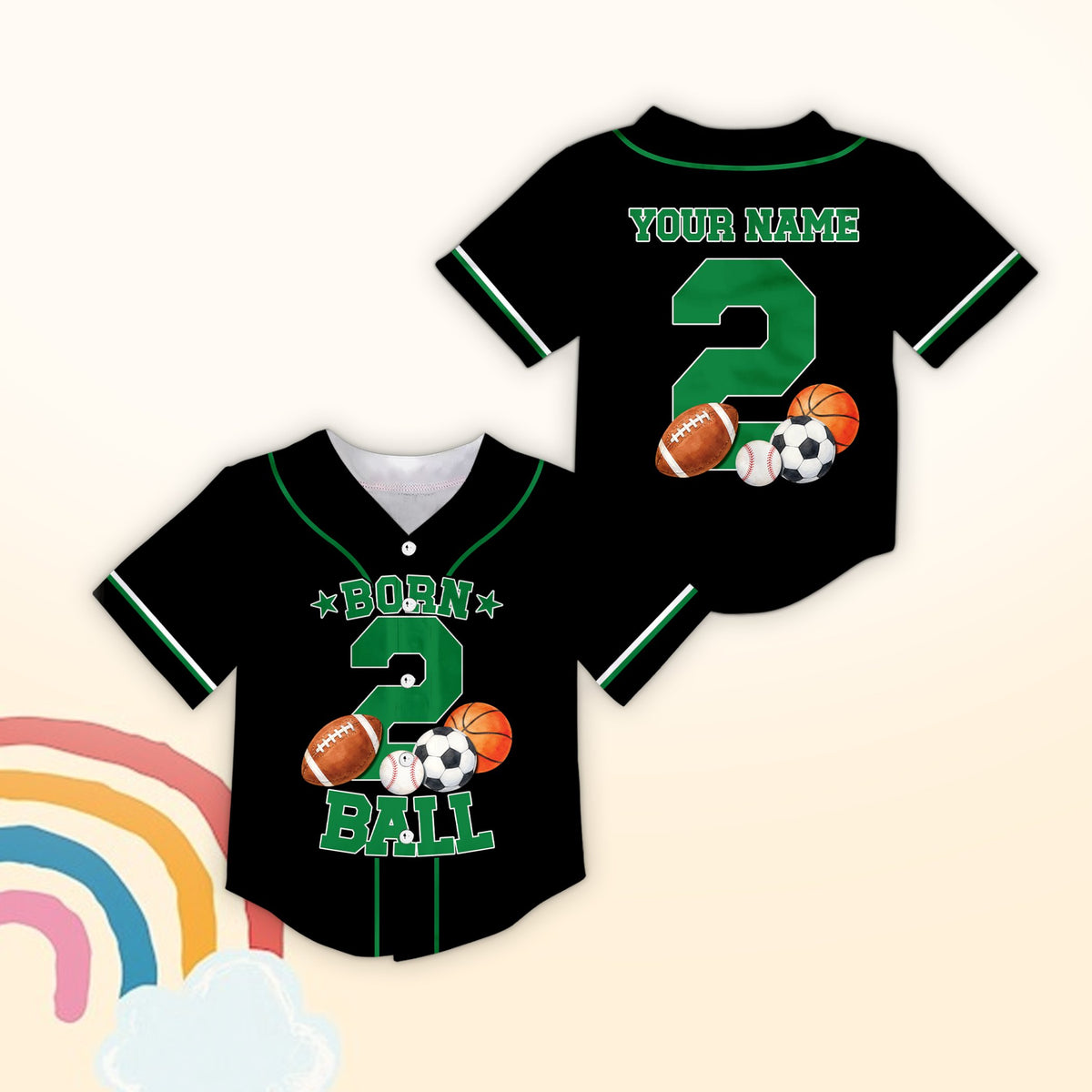 Black sports baseball jersey showing multi-sport graphic on front