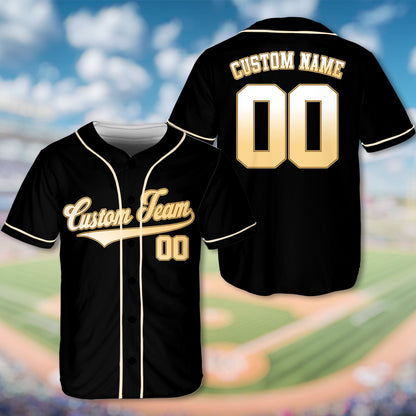 Black custom baseball jersey showing contrasting piping, front view