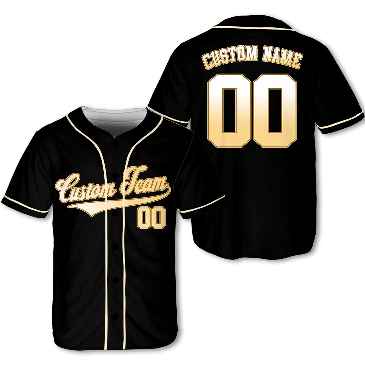 Black sports baseball jersey with personalized name, front view