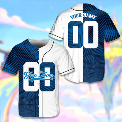 Personalized sports baseball jersey featuring a blue wavy split-color design, custom number on the front