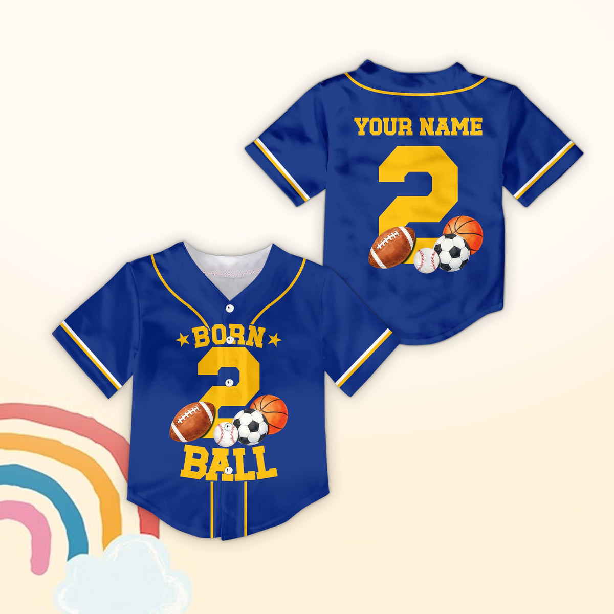 Blue sports baseball jersey with Born 2 Ball sports ball design