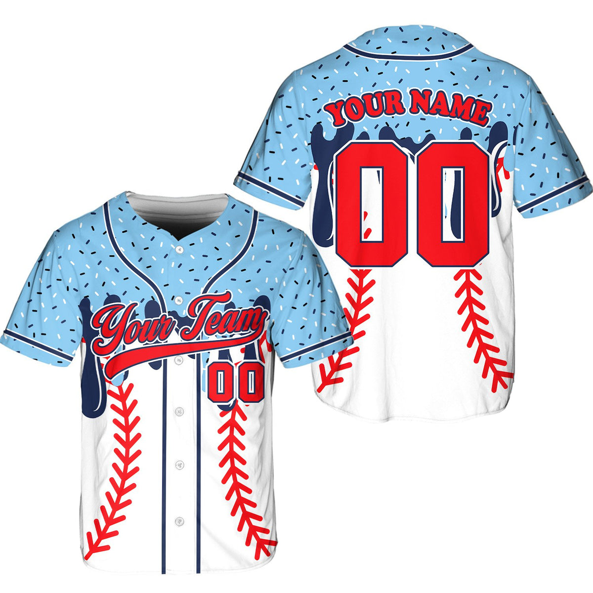 Custom baseball jersey showing sports ball texture, front view