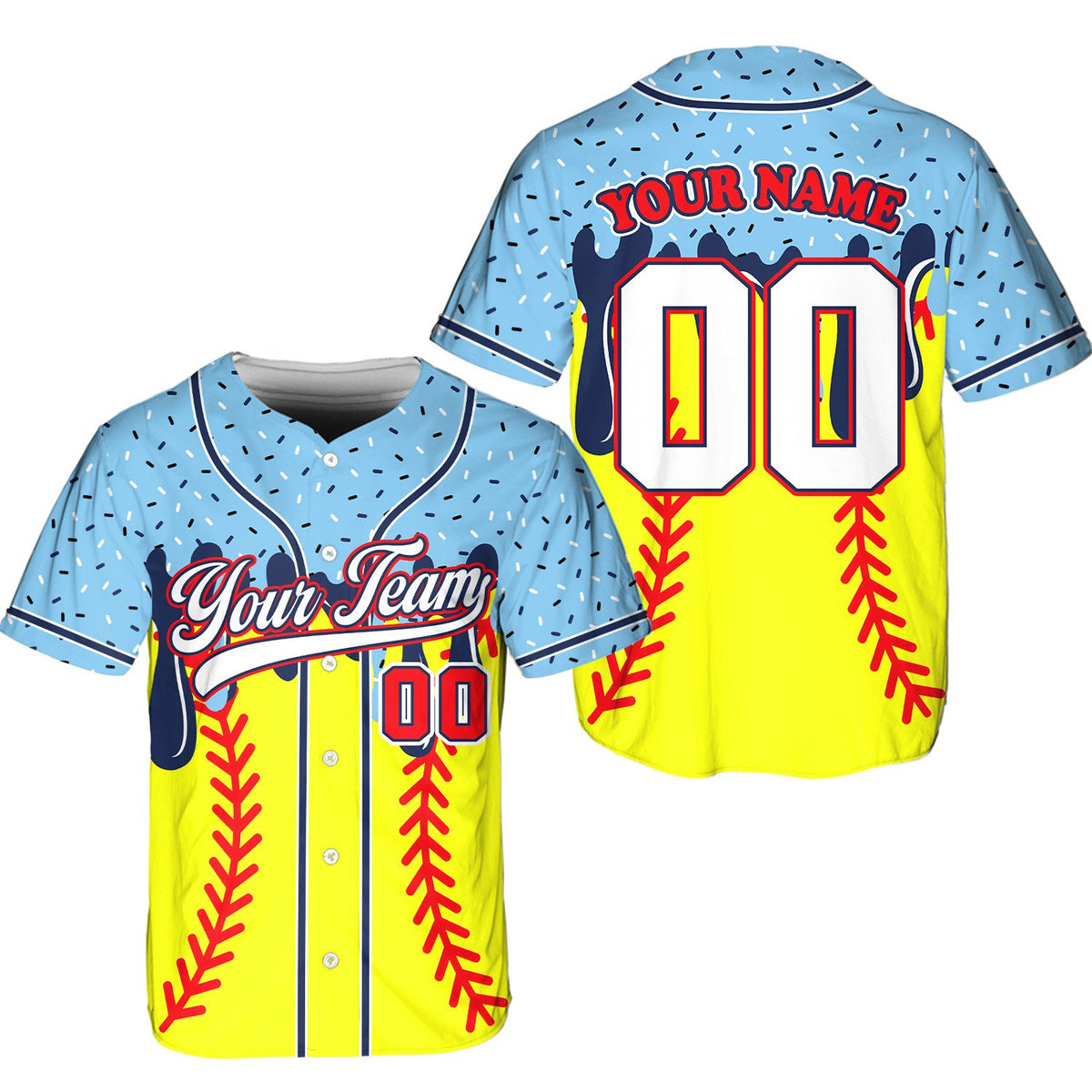 Light blue personalized baseball jersey with ink-drip sports pattern, front view