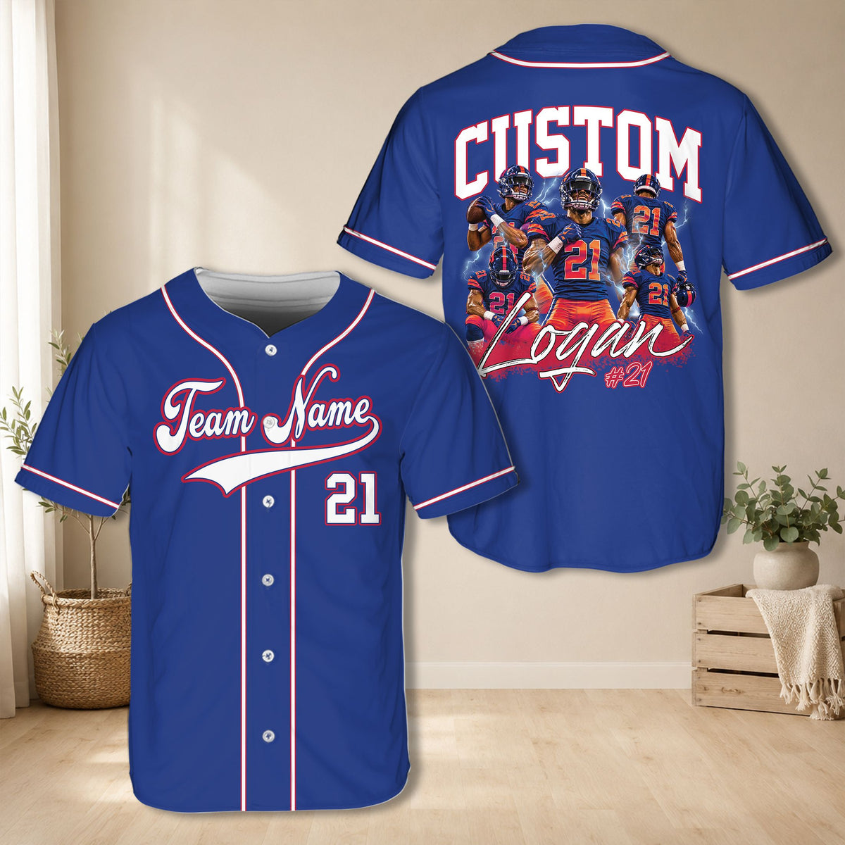 Blue custom baseball jersey front view