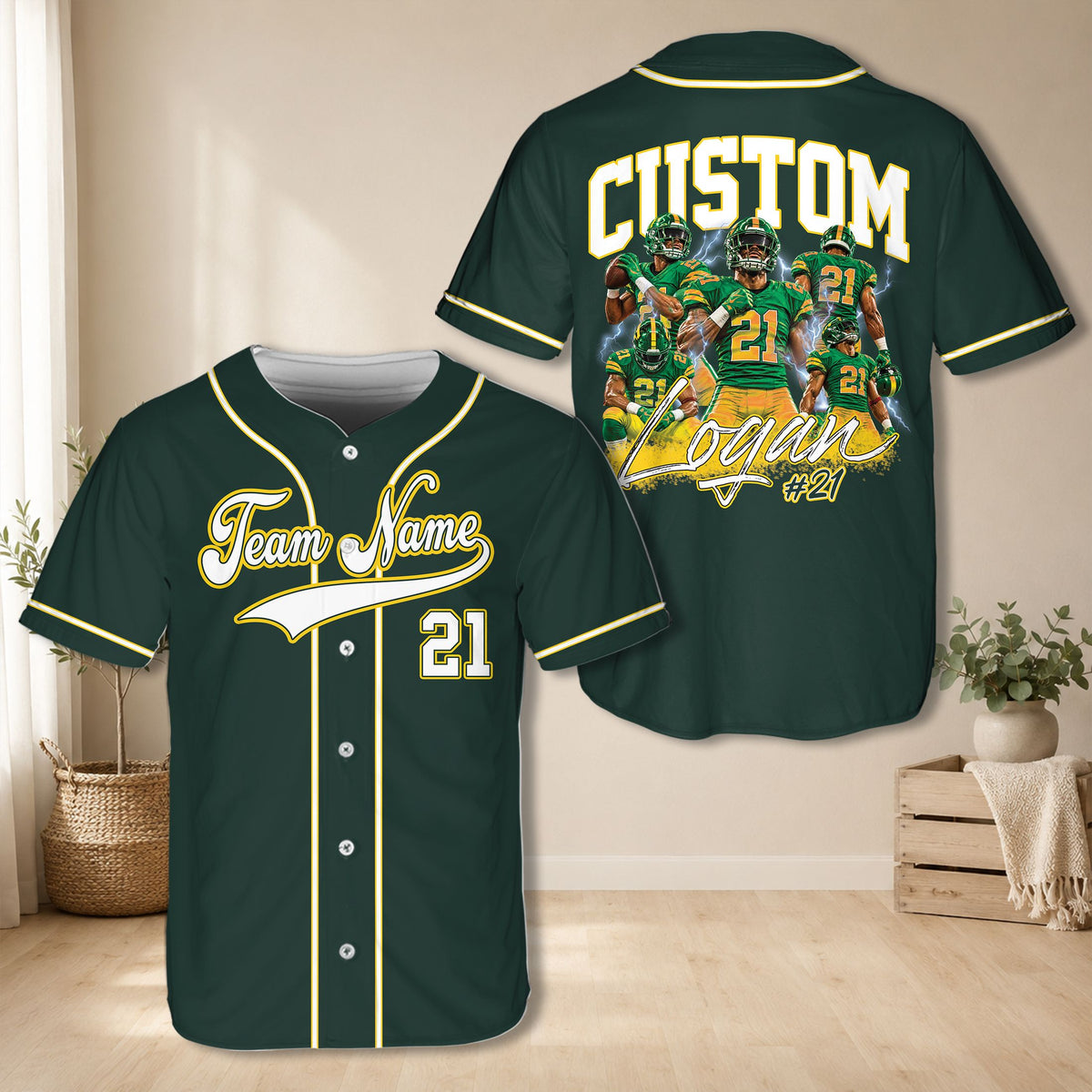 Green sports fan baseball jersey with custom name and number, main view