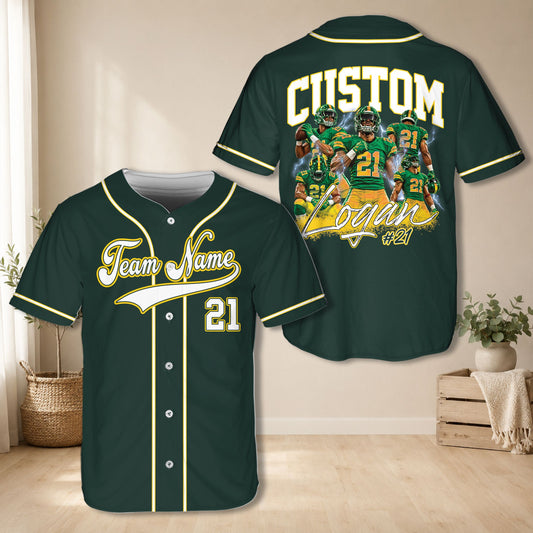 Green sports fan baseball jersey with custom name and number, main view
