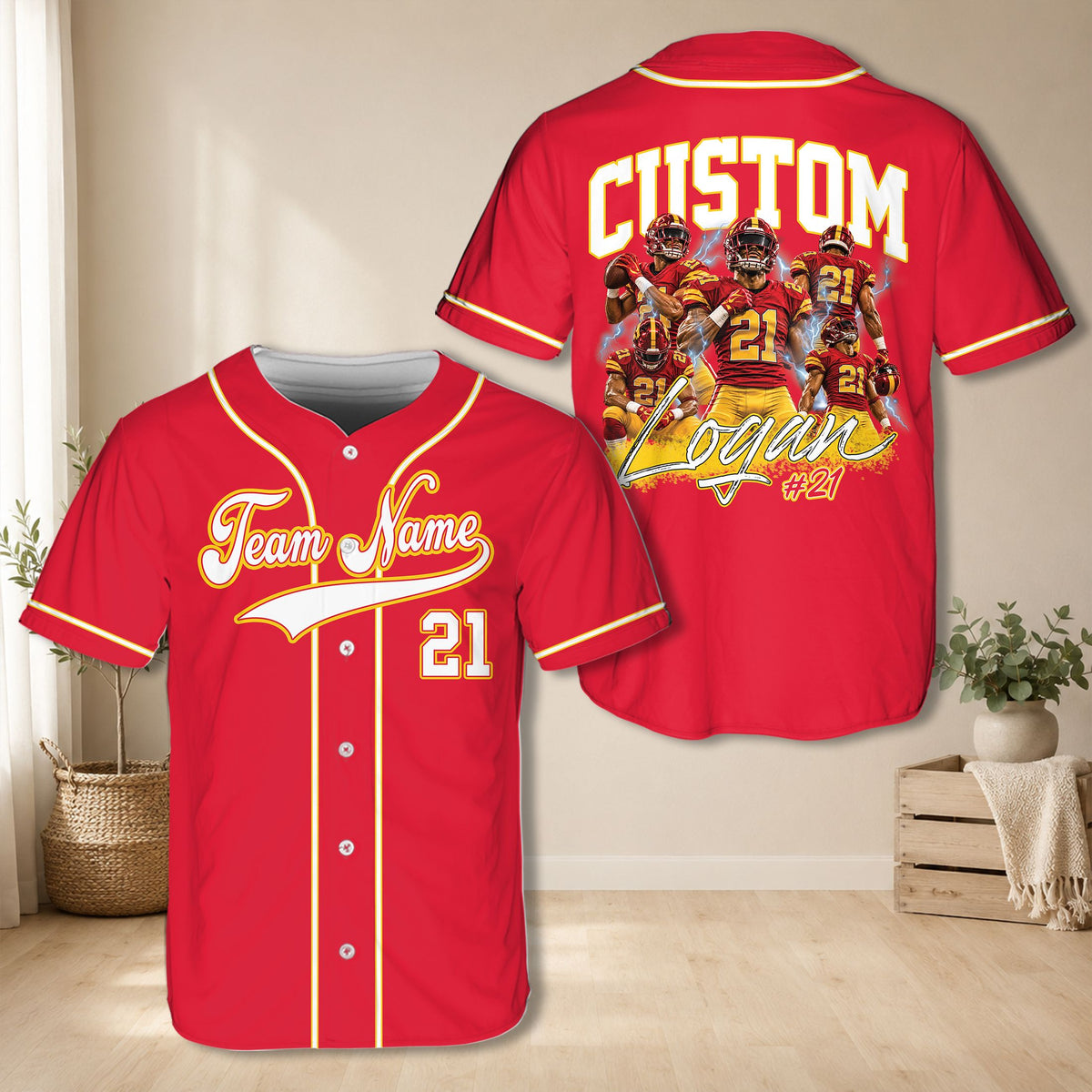 Red sports fan baseball jersey back view with action player collage