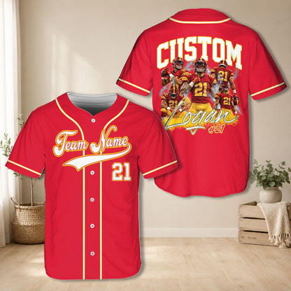 Red sports fan baseball jersey back view with action player collage