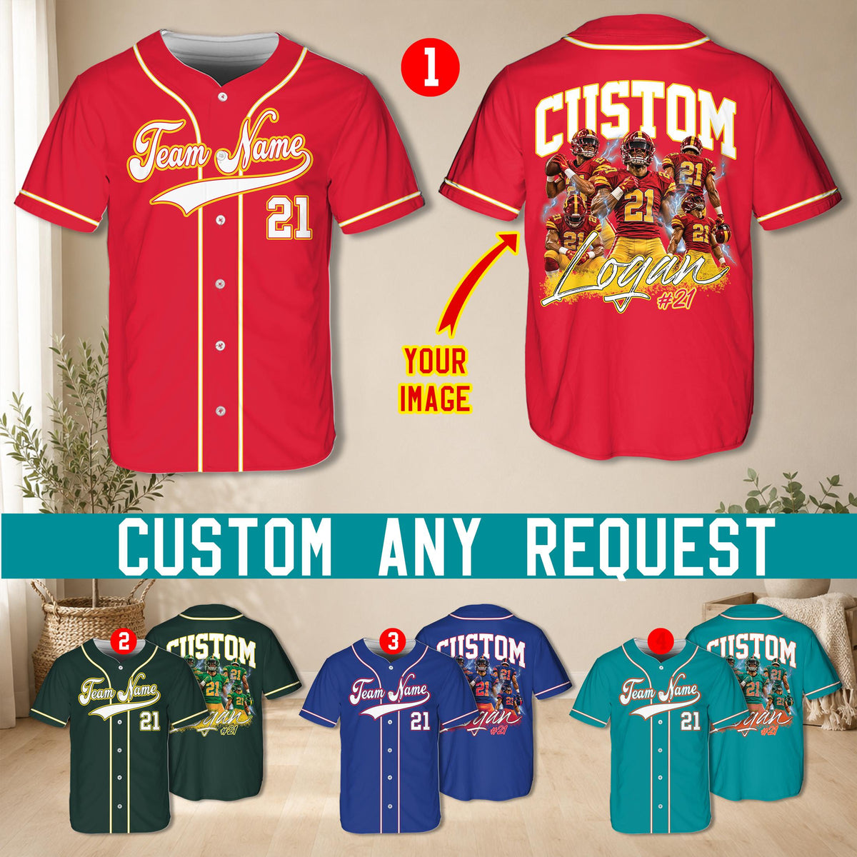 Red sports fan baseball jersey with vintage script front view