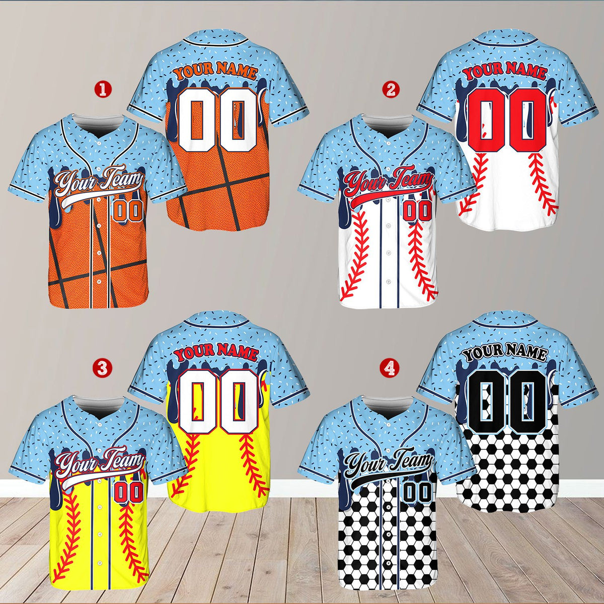 Light blue sports pattern baseball jersey front view