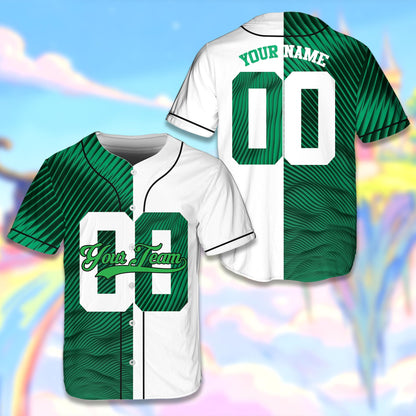 Personalized sports baseball jersey featuring a green wavy split-color design, custom number on the front