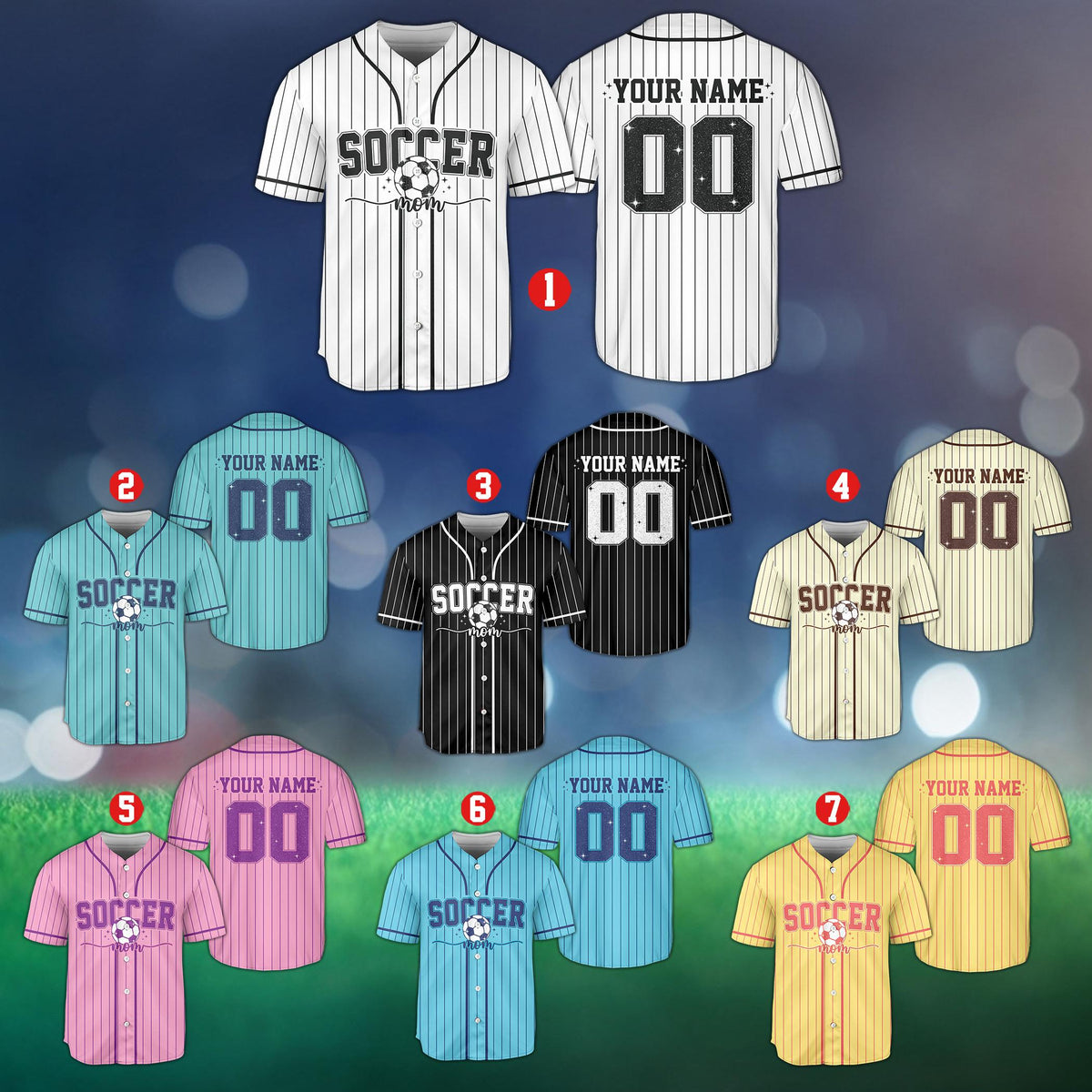 Multicolor custom baseball jersey featuring soccer mom graphic, front view