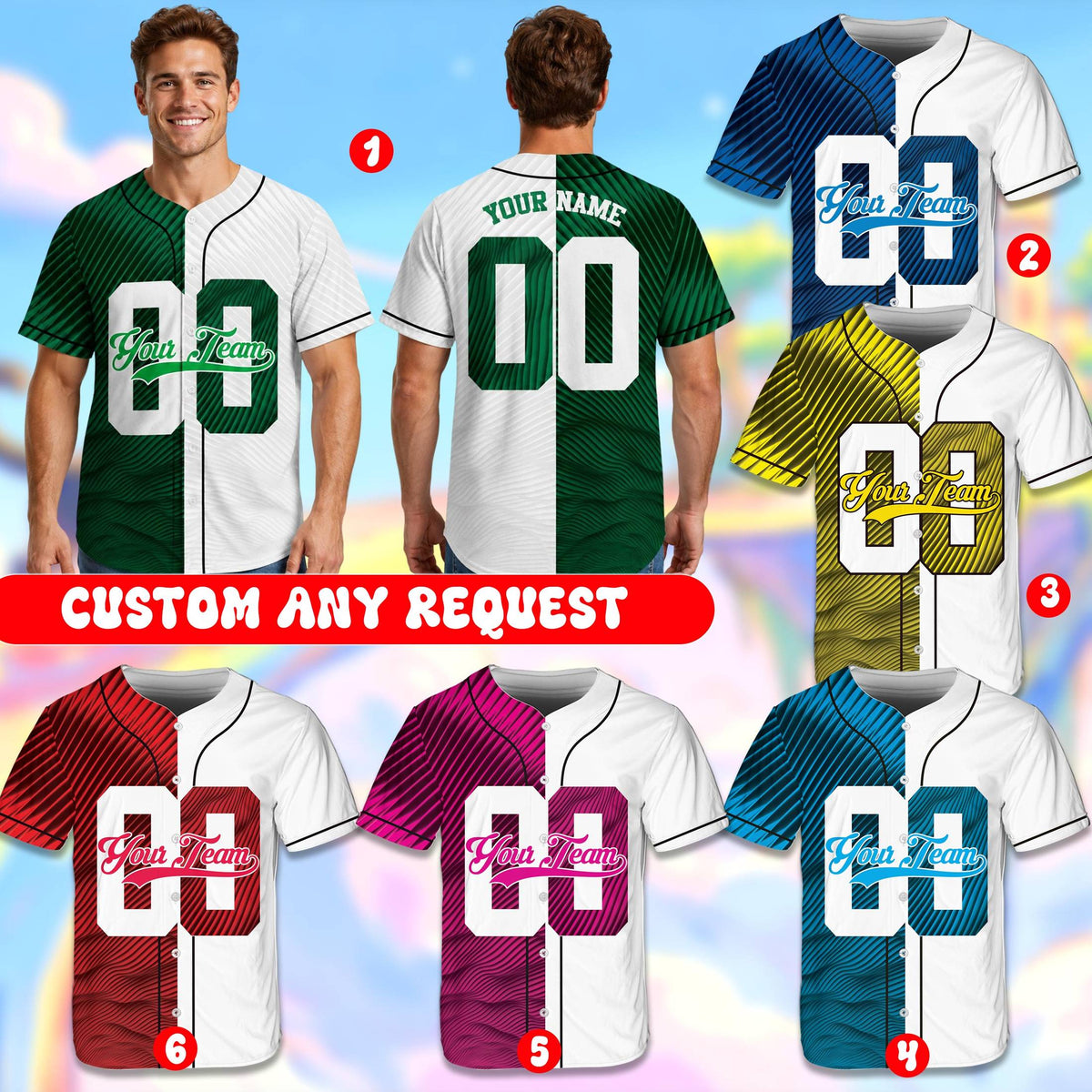 Multicolor view of personalized baseball jerseys showcasing various wavy abstract split patterns