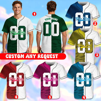 Multicolor view of personalized baseball jerseys showcasing various wavy abstract split patterns