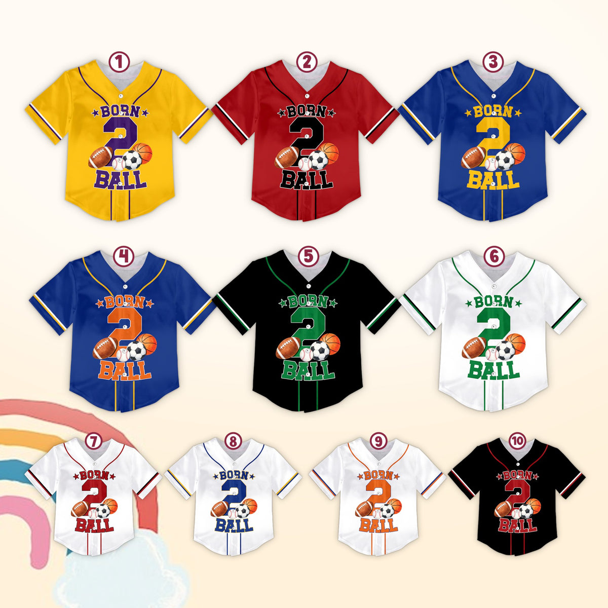 Multicolor views of the personalized baseball jersey with Born 2 Ball design