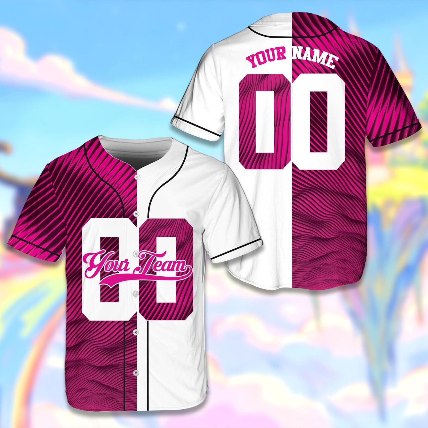 Personalized sports baseball jersey featuring a pink wavy split-color design, custom number on the front