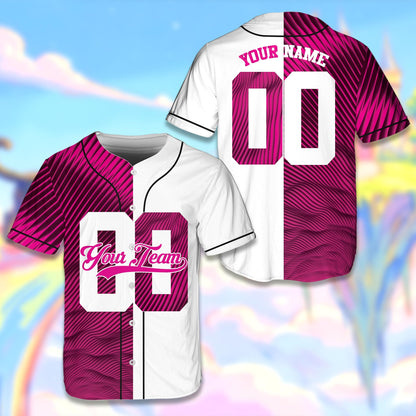 Personalized sports baseball jersey featuring a pink wavy split-color design, custom number on the front