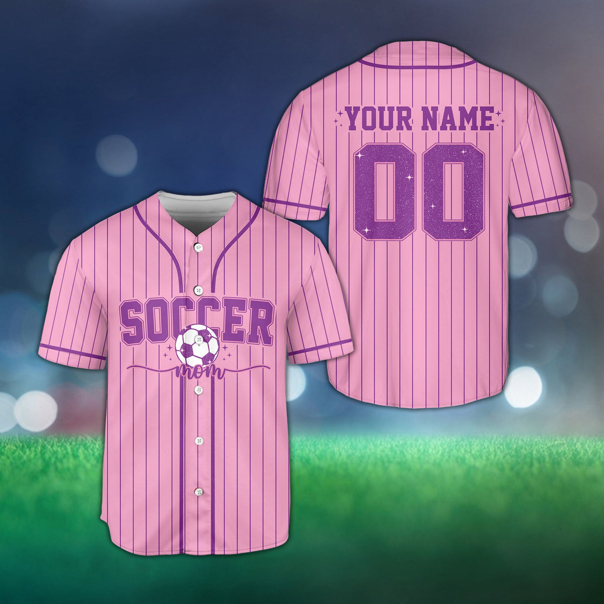 Pink personalized baseball jersey with pinstripes, front view